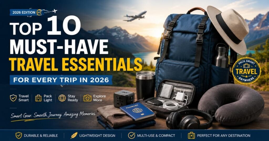 Traveling is one of the best ways to explore the world, experience new cultures, and create unforgettable memories. Whether you're planning a weekend road trip, a business journey, or an international vacation, having the right travel essentials can make your trip more comfortable, organized, and stress-free. In 2026, travelers are looking for lightweight, practical, and smart travel gear that saves space and improves convenience. From keeping your devices charged to organizing your luggage efficiently, the right essentials can make all the difference. Here are the top ten must-have travel essentials that every traveler should pack before heading to their next destination. 1. Lightweight Carry-On Backpack A high-quality carry-on backpack is one of the most important travel essentials. It allows you to keep your valuable items close while avoiding unnecessary baggage fees. Choose a backpack with multiple compartments, padded shoulder straps, water-resistant material, and a dedicated laptop sleeve. Modern travel backpacks are designed to maximize storage without becoming bulky. A lightweight backpack also makes airport transfers, sightseeing, and public transportation much easier. 2. Packing Cubes Packing cubes have become a favorite among frequent travelers. Instead of throwing everything into one large suitcase, packing cubes help organize clothes into separate sections. You can keep shirts in one cube, pants in another, and toiletries in a separate compartment. This organization saves time whenever you need to find something quickly. Packing cubes also reduce wrinkles and help maximize luggage space, making them ideal for both short and long trips. 3. Reusable Water Bottle Staying hydrated while traveling is essential. A reusable insulated water bottle keeps drinks cold for hours and reduces the need to buy disposable plastic bottles. Many airports now provide water refill stations, allowing travelers to refill bottles after security checks. A reusable bottle not only saves money but also helps reduce plastic waste, making it an environmentally friendly travel companion. 4. Universal Travel Adapter Different countries use different electrical outlets, making a universal travel adapter an essential item for international travelers. Instead of carrying multiple adapters, a universal adapter works in dozens of countries and supports charging several devices at the same time. Many modern adapters also include USB-A and USB-C ports, making it easier to charge smartphones, tablets, cameras, and laptops simultaneously. 5. Portable Power Bank A reliable power bank is one of the most valuable travel essentials you can carry. Whether you're navigating with GPS, capturing photos, or staying connected with friends and family, your smartphone battery can drain quickly during a busy day of sightseeing. Choose a high-capacity power bank that can charge your phone multiple times on a single charge. Models with fast-charging technology and USB-C support are especially useful for modern devices. A compact design makes it easy to carry in your backpack or pocket without adding unnecessary weight. Having a fully charged power bank ensures you're never left without access to maps, travel tickets, or emergency contacts. 6. Noise-Canceling Headphones Long flights, crowded airports, and noisy public transportation can make traveling exhausting. Noise-canceling headphones help create a peaceful environment by reducing unwanted background sounds. They're perfect for listening to music, watching movies, attending virtual meetings, or simply relaxing during long journeys. Many premium models also provide exceptional sound quality and extended battery life. If you travel frequently, investing in quality noise-canceling headphones can significantly improve your overall travel experience. 7. Travel Toiletry Kit A well-organized toiletry kit helps keep your personal care items secure and easy to access. Instead of searching through your luggage for toothpaste or shampoo, everything stays neatly arranged in one place. Look for a waterproof toiletry bag with multiple compartments for toothbrushes, skincare products, medications, and grooming essentials. Leak-proof travel bottles are also a smart addition, preventing spills that could damage your clothes or electronics. Keeping your toiletries organized makes packing and unpacking much more convenient throughout your trip. 8. RFID Passport Wallet Protecting your passport, credit cards, identification documents, and cash is essential while traveling. An RFID-blocking passport wallet helps reduce the risk of electronic theft by preventing unauthorized scanning of your card information. Many travel wallets also include dedicated compartments for boarding passes, travel insurance documents, foreign currency, and hotel reservation details. Keeping all your important documents together saves time during airport check-ins and border crossings while providing additional peace of mind. 9. Portable First Aid Kit Unexpected situations can happen anywhere, so carrying a small first aid kit is always a smart idea. It doesn't need to be large, but it should contain basic medical supplies that can handle minor injuries and common travel-related issues. Your first aid kit should include adhesive bandages, antiseptic wipes, pain relievers, allergy medication, motion sickness tablets, and any prescription medicines you require. Being prepared for minor emergencies allows you to continue enjoying your trip without unnecessary stress. 10. Travel Insurance and Digital Document Backup Travel insurance has become an essential part of responsible travel planning. It can provide financial protection against unexpected medical emergencies, trip cancellations, flight delays, or lost baggage. In addition to purchasing travel insurance, store digital copies of your passport, visa, hotel reservations, flight tickets, and emergency contact information in secure cloud storage. You should also keep offline copies on your smartphone in case internet access becomes unavailable. Having both physical and digital copies of important documents ensures you're prepared for unexpected situations wherever you travel. Conclusion Successful travel isn't just about choosing the perfect destination—it's also about being well prepared. Packing the right travel essentials helps reduce stress, improve comfort, and allows you to focus on enjoying your journey instead of worrying about forgotten items. From a lightweight carry-on backpack and packing cubes to a portable power bank and travel insurance, every item on this list serves an important purpose. These essentials help you stay organized, connected, comfortable, and ready for any adventure. Before your next trip in 2026, review this checklist carefully and pack only what you truly need. Smart packing not only saves space but also makes every journey more enjoyable, efficient, and memorable.
